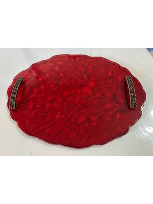 Epoksi Reçine Tepsi - Kırmızı Desenli  - Ebat 24 cm x 34 cm