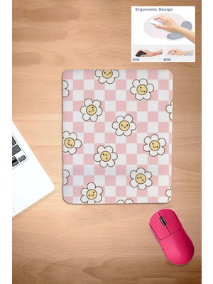 Karmat Pembe- Beyaz Kareli Papatya Desenli Mouse Pad, Bilek Destekli Konforlu Mousepad, Laptop Aksesuarı