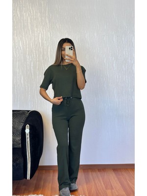 Shine & Style Fitilli Esnek Kumaş Basic Takım Haki