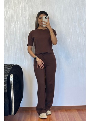 Shine & Style Fitilli Esnek Kumaş Basic Takım Kahverengi
