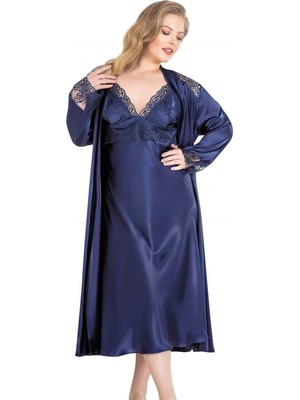 Arias Closet Büyük Beden Lacivert Uzun Ikili Saten Sabahlık Gecelik Takımı OZN-14007