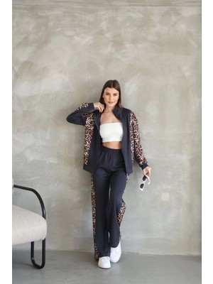 Osy Modal Yumuşak Dokulu Kumaş  Kapüşonlu Leopar Desenli Fermuarlı Takım - Antrasit