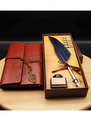 Divit Hokka Seti ve Nostaljik Deri Kapaklı Defter – El Yapımı Kaligrafi Yazı Takımı, Vintage Tüylü Dolma Kalem, Mürekkep ve Retro Tasarım Günlük – Özel Hediye Seti