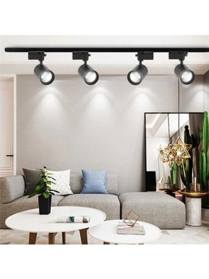 Siyah Kasa ve Beyaz 4 Adet 360 Derece Dönen LED Ray Spot Lamba 1 mt Raylı Armatür Ray Spot 4