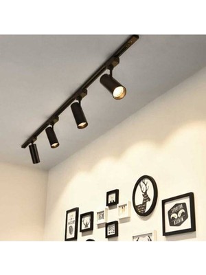 Siyah Kasa ve Beyaz 4 Adet 360 Derece Dönen LED Ray Spot Lamba 1 mt Raylı Armatür Ray Spot 4
