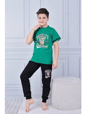 Kapip Yeşil Brooklyn Baskılı Uzun Kollu Erkek Çocuk Pijama Takımı 11-15 Yaş 7033-Y