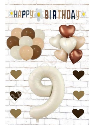 BAL10 Bej Rakam Kalp Folyo Balon ve Eva Banner Kalp Doğum Günü Seti Yaş 9
