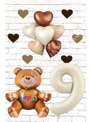 BAL10 Rakam Oturan Ayı Kalp Folyo Balon ve Eva Kalp Doğum Günü Seti Yaş 9