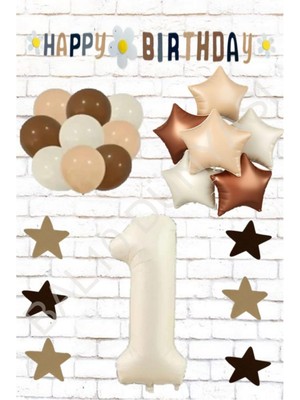 BAL10 Bej Rakam Yıldız Folyo Balon ve Eva Banner Yıldız Doğum Günü Seti Yaş 1