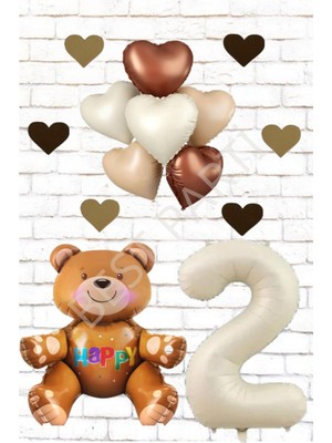 Best Rakam Oturan Ayı Kalp Folyo Balon ve Eva Kalp Doğum Günü Seti Yaş 2