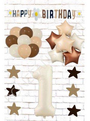 Rönesans Bej Rakam Yıldız Folyo Balon ve Eva Banner Yıldız Doğum Günü Seti Yaş 1