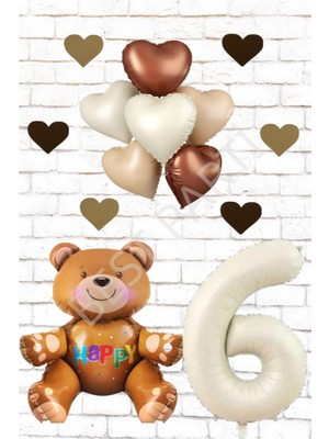Best Rakam Oturan Ayı Kalp Folyo Balon ve Eva Kalp Doğum Günü Seti Yaş 6