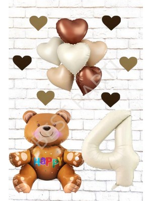 Best Rakam Oturan Ayı Kalp Folyo Balon ve Eva Kalp Doğum Günü Seti Yaş 4
