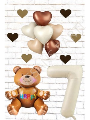 Rönesans Rakam Oturan Ayı Kalp Folyo Balon ve Eva Kalp Doğum Günü Seti Yaş 7