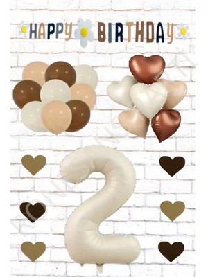 Rönesans Bej Rakam Kalp Folyo Balon ve Eva Banner Kalp Doğum Günü Seti Yaş 2