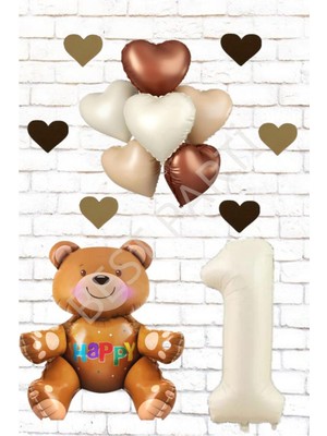 Best Rakam Oturan Ayı Kalp Folyo Balon ve Eva Kalp Doğum Günü Seti Yaş 1