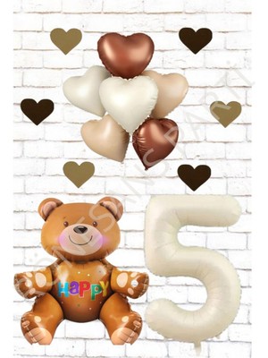 Rönesans Rakam Oturan Ayı Kalp Folyo Balon ve Eva Kalp Doğum Günü Seti Yaş 5