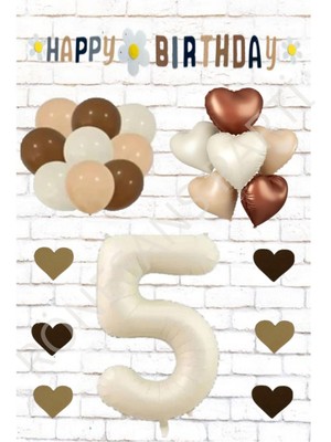 Rönesans Bej Rakam Kalp Folyo Balon ve Eva Banner Kalp Doğum Günü Seti Yaş 5