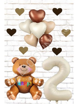 BAL10 Rakam Oturan Ayı Kalp Folyo Balon ve Eva Kalp Doğum Günü Seti Yaş 2