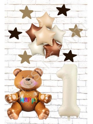 Rönesans Rakam Oturan Ayı Yıldız Folyo Balon ve Eva Yıldız Doğum Günü Seti Yaş 1