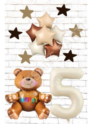 Rönesans Rakam Oturan Ayı Yıldız Folyo Balon ve Eva Yıldız Doğum Günü Seti Yaş 5