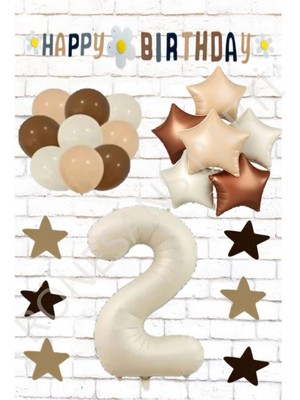 Rönesans Bej Rakam Yıldız Folyo Balon ve Eva Banner Yıldız Doğum Günü Seti Yaş 2