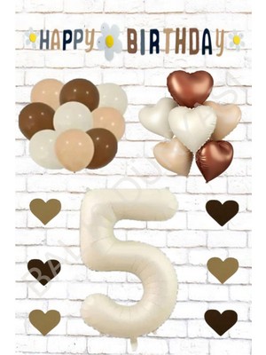 BAL10 Bej Rakam Kalp Folyo Balon ve Eva Banner Kalp Doğum Günü Seti Yaş 5