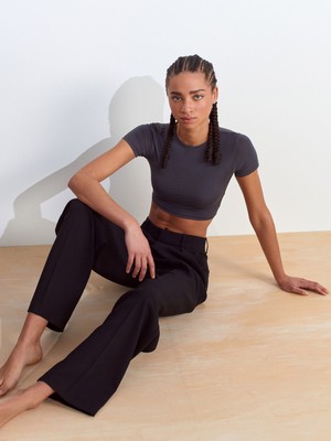 Dilvin 31175 Bisiklet Yaka Crop Top-Füme