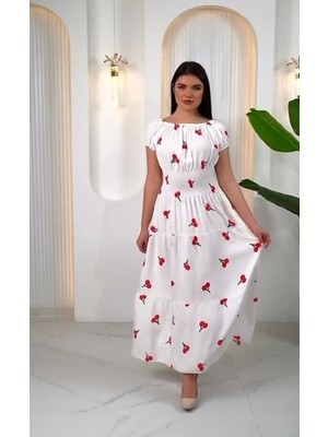 Fibula Butik Madonya Yaka Kiraz Desen Gipeli Kısa Kol Sıtandart 38-48 Bedenlere Olur Poplin Kat Elbise