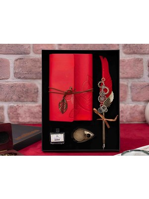 Özel Üretim Osmanlı Nostaljik Divit Hokka Seti ve Deri Kapaklı Vintage Eskitme Sayfa Çizgisiz, Spiralli, Bağcıklı, Yaprak Desenli, Günlük, Anı, Hatıra Defteri Hediyelik Kutulu Set