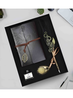 Özel Üretim Osmanlı Nostaljik Divit Hokka Seti ve Deri Kapaklı Vintage Eskitme Sayfa Çizgisiz, Spiralli, Bağcıklı, Yaprak Desenli, Günlük, Anı, Hatıra Defteri Hediyelik Kutulu Set
