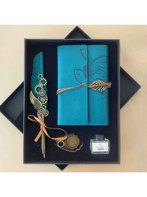 Özel Üretim Osmanlı Nostaljik Divit Hokka Seti ve Deri Kapaklı Vintage Eskitme Sayfa Çizgisiz, Spiralli, Bağcıklı, Yaprak Desenli, Günlük, Anı, Hatıra Defteri Hediyelik Kutulu Set