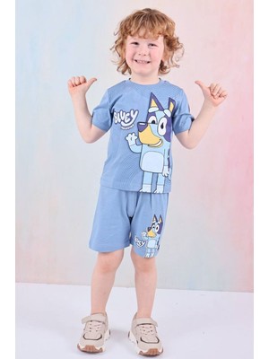 Yağmur Giyim Pjkskt Bluey Desenli Mavi Şortlu Erkek Çocuk Kısa Kol Takım 7583-M