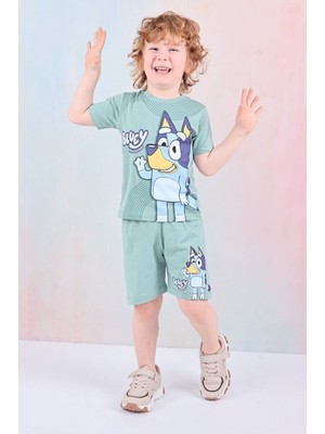 Yağmur Giyim Pjkskt Bluey Desenli Yeşil Şortlu Erkek Çocuk Kısa Kol Takım 7583-Y
