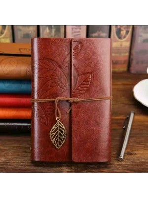 Deri Kapaklı Bağcıklı Defter – Retro Vintage Tarz, Eskitme Sayfalar, Yaprak Desenli, Çizgisiz Spiralli Günlük, Hatıra, Not, Anı Ajanda Defteri Zarif Hediyelik
