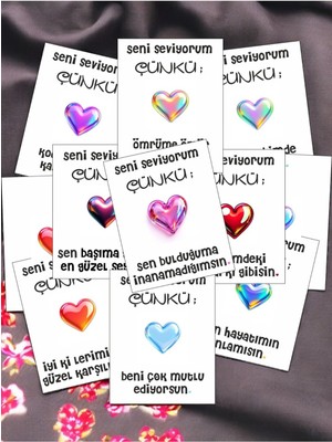 Hediye Kombini  12 Adet "seni Seviyorum Çünkü" Aşkınızı Ifade Eden Özel Söz Kartları Sevgiliye Hediye Kartı SSÇ01R