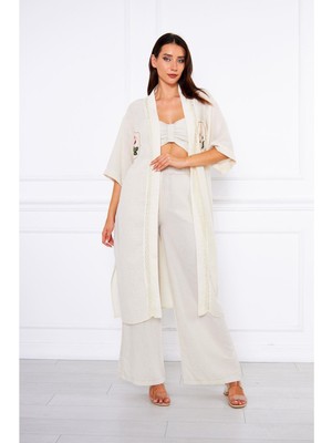 Yakası Dantelli Nakışlı Kimono