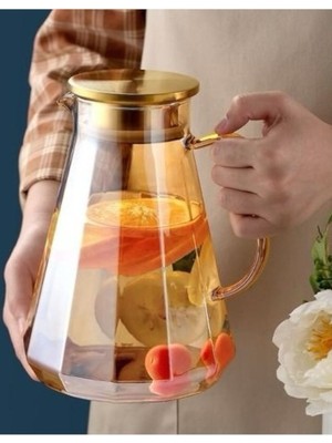 Borosilikat Cam Metal Kapaklı Lüks Elmas Sürahi 1900 ml Gold