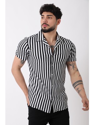 Stil Kombin Apaç Yaka Çizgili Ottoman Kısa Kol Gömlek JL_40364