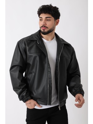 Yakalı Suni Deri Mont XL Erkek Günlük Siyah Slim Fit Bel Lastikli Modeli