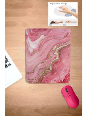 Karmat Pembe Mermer, Mermer Desenli Mouse Pad, Bilek Destekli Konforlu Mouse Pad, Bilgisayar Laptop Aksesuarı, Dikdörtgen