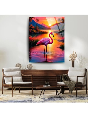 Glitglass Tropikal Gün Batımı ve Flamingo Cam Tablo