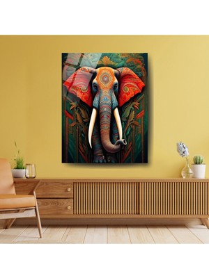 Glitglass Etnik Fil Dekoru, Renkli Dekoratif Cam Tablo
