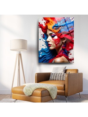 Glitglass Renkli Soyut Cam Tablo - Canlı Kadın Portresi - Kırmızı ve Mavi Modern Sanat