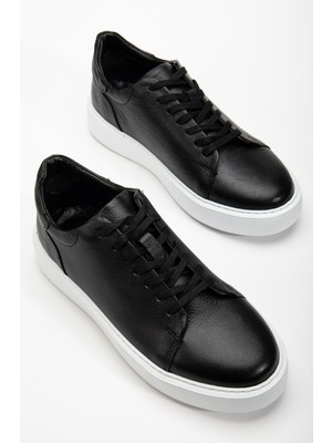 Hakiki Deri Erkek Günlük Ayakkabı Siyah Bağcıklı Kalın Taban