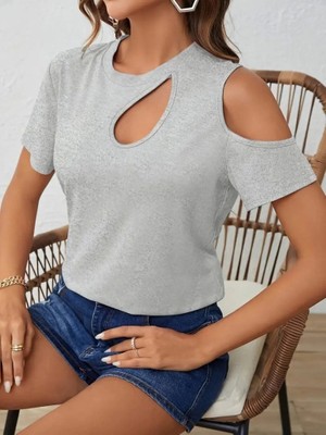 Defy Moda Kadın Kısa Kollu Tek Omuzu Açık Damla Detaylı Viskon Bluz