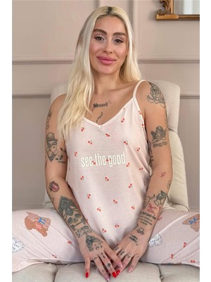 Pijama Evi Açık Pudra See The Good Baskılı Ip Askılı Örme Kadın Pijama Takımı