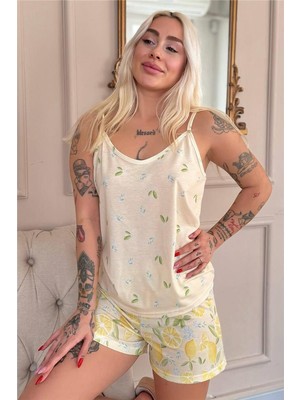 Pijama Evi Lemon Desenli Ip Askılı Şortlu Kadın Pijama Takımı
