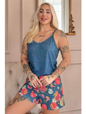 Petrol Tropik Desenli Ip Askılı Şortlu Kadın Pijama Takımı