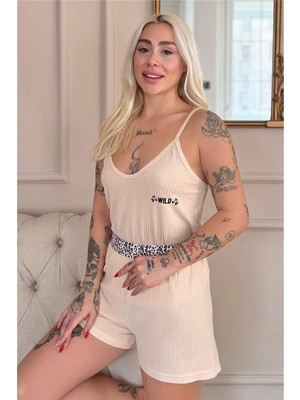 Pijama Evi Bej Wild Spirit Desenli Örme Ip Askı Şortlu Kadın Pijama Takımı